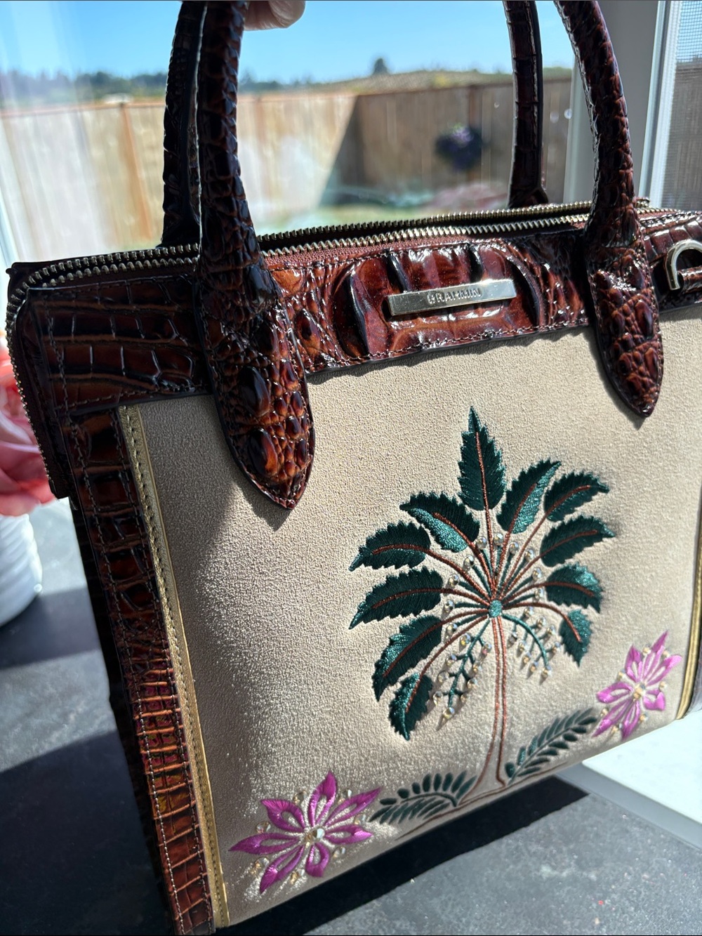 Brahmin Taupe Satchel with Brown Croc Trim and Green & Pink Embroidery